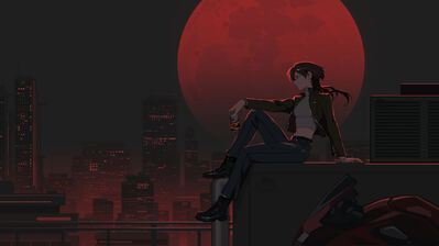 دانلود والپیپر دختر انیمه شهر شب ماه کامل Anime Girl Night City Full Moon