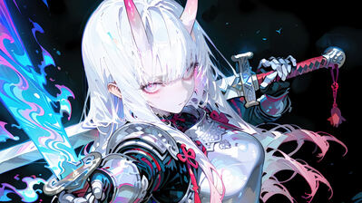 دانلود والپیپر دختر انیمه شمشیر مو سفید شاخ Anime Girl Sword White Hair Horn