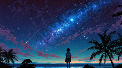دانلود والپیپر آسمان شب و کهکشان راه شیری با دختر انیمه Night Sky Stars Alone Anime Girl