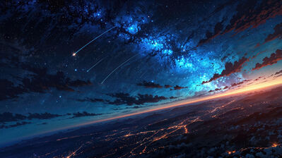 دانلود والپیپر طلوع شب پرستاره آسمان ستاره منظره انیمه Sunrise Starry Night Sky Stars Anime Scenery