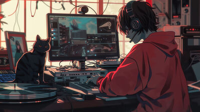 دانلود والپیپر پسر انیمه لافی با گربه و کامپیوتر Anime Boy Lofi Cat Desktop Computer