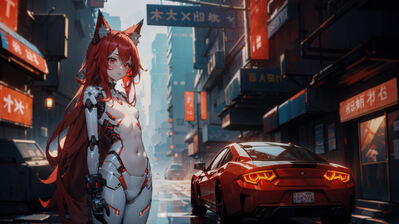 دانلود والپیپر دختر گربه‌ای سایبرپانک مو قرمز چشم قرمز Anime Cat Girl Cyberpunk Red Hair Red Eyes