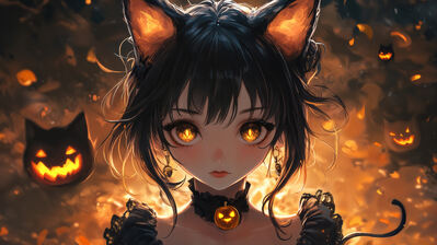 دانلود والپیپر دختر گربه‌ای هالووین Anime Cat Girl Halloween