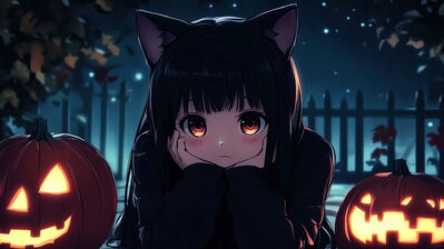 دانلود والپیپر گربه انیمه دختر کدو تنبل هالووین Anime Cat Girl Halloween Pumpkin Head