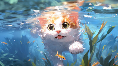 دانلود والپیپر گربه شناگر انیمه Anime Cat Swimming
