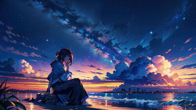 دانلود والپیپر دختر انیمه ساحل غروب آفتاب ابر آسمان Anime Girl Beach Sunset Art Cloud Sky