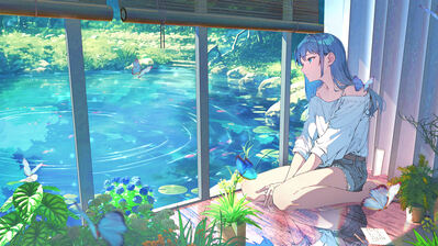 دانلود والپیپر دختر انیمه مو آبی طبیعت حوض و پروانه Anime Girl Blue Hair Pond Butterfly