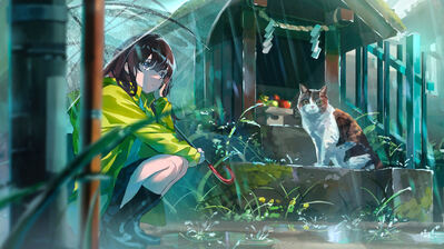 دانلود والپیپر دختر گربه در باران Anime Girl Cat Rain in Shrine