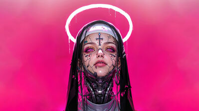 دانلود والپیپر دختر انیمه سایبرپانک راهبه هالو Anime Girl Cyberpunk Nun Halo