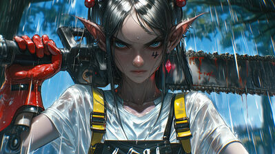 دانلود والپیپر دختر انیمه الف شمشیر زنجیری Anime Girl Elf Chainsaw Sword