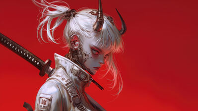 دانلود والپیپر دختر شاخدار کاتانا سایبرپانک Cyberpunk Anime Girl Horn Katana