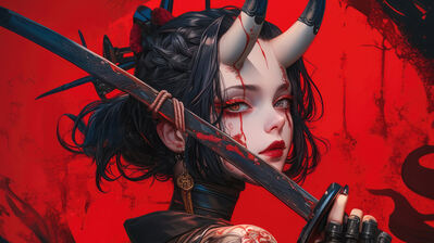 دانلود والپیپر فانتزی دختر انیمه شاخ شیطان و کاتانا Anime Girl Horn Katana Fantasy