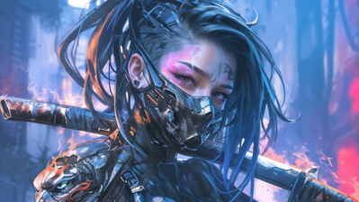 دانلود والپیپر دختر انیمه نقاب‌دار سایبرپانک Anime Girl Mask Sci-Fi Cyberpunk