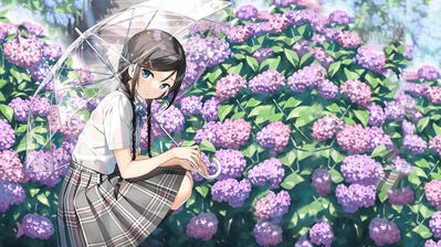 دانلود والپیپر دختر انیمه مدرسه با چتر و گل بنفش Anime Girl Umbrella Flower