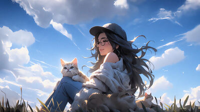دانلود والپیپر دختر انیمه با عینک و گربه Anime Girl with Glasses Cat