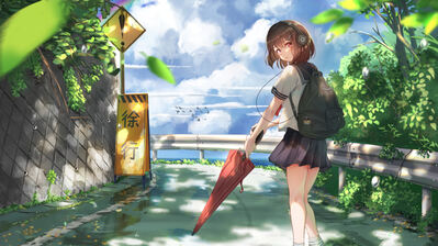 دانلود والپیپر دختر مدرسه‌ای انیمه در حال راه رفتن Anime School Girl Walking