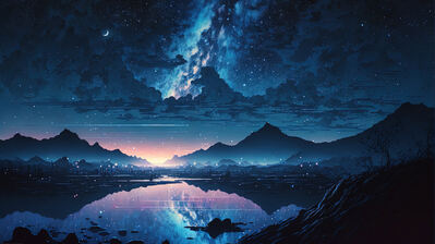 دانلود والپیپر منظره شب دریاچه و ستاره انیمه Night Lake Sky Stars Scenery Anime