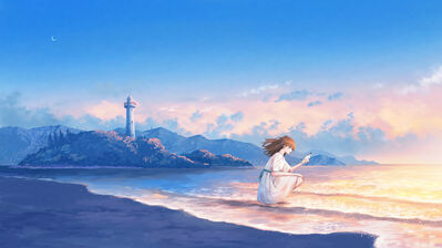 دانلود والپیپر غروب آفتاب ساحل و دختر انیمه Sunset Beach Anime Girl