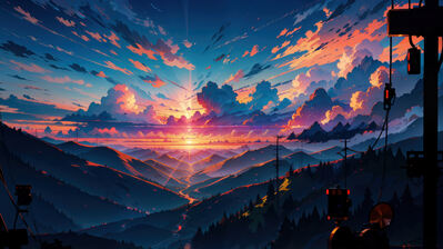 دانلود والپیپر انیمه غروب ابر و کوه Sunset Clouds Mountains Anime Scenery