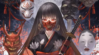 دانلود والپیپر دختر انیمه با ماسک و شمشیر Anime Girl Mask Katana
