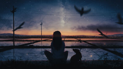دانلود والپیپر سیلوئت دختر انیمه منظره شب آسمان غروب Anime Girl Silhouette Night Sky Scenery Sunset