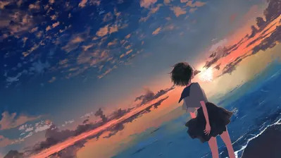 دانلود والپیپر منظره دختر مدرسه‌ای ساحل غروب Anime School Girl Sunset Beach Scenery
