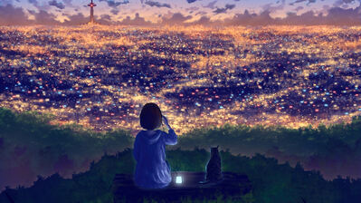 دانلود والپیپر دختر انیمه گربه شبانه Night Anime Girl Cat Scenery
