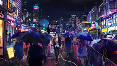 دانلود والپیپر پسر انیمه در شهر شب Night City Anime Boy Walking