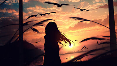 دانلود والپیپر سیلوئت دختر انیمه غروب Sunset Anime Girl Silhouette Art