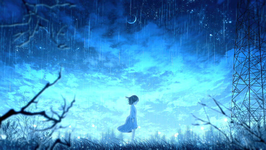 دانلود والپیپر دختر انیمه تنها در شب بارانی Alone Anime Girl Raining Night