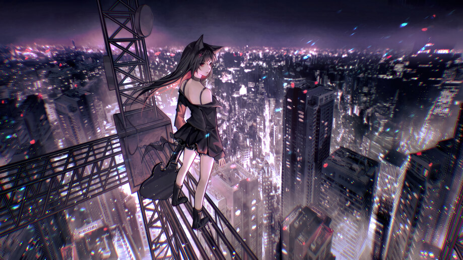 دانلود والپیپر دختر انیمه و منظره شهر Anime Girl City Scenery