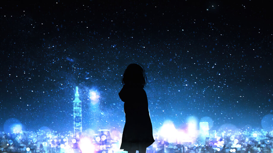 دانلود والپیپر سیلوئت دختر انیمه شهر شب و ستاره Anime Girl Silhouette Night City Stars Scenery