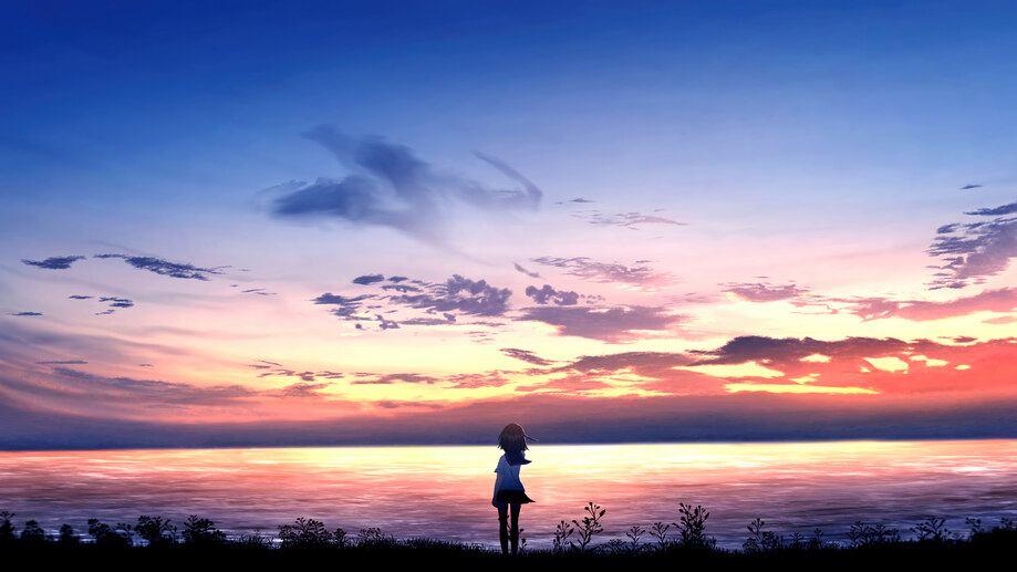 دانلود والپیپر دختر انیمه طلوع آفتاب Anime Girl Sunrise Scenery