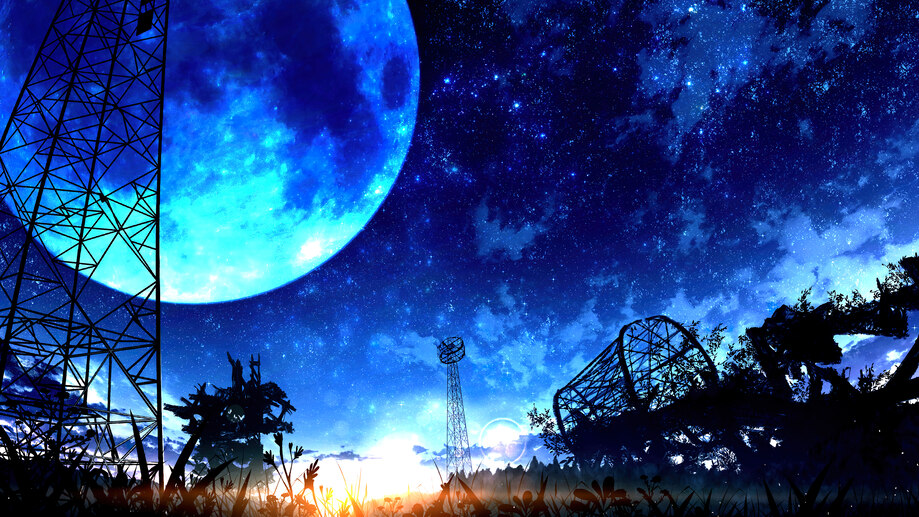 دانلود والپیپر انیمه منظره شب ماه کامل Full Moon Night Sky Sunrise Anime