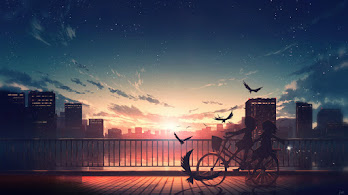 دانلود والپیپر سیلوئت شهر انیمه طلوع خورشید Sunrise Scenery Anime City Silhouette