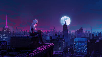 دانلود والپیپر اسپایدر-گوئن شهر شب ماه Spider-Gwen Night City Moon