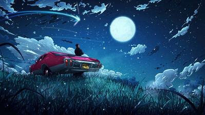 دانلود والپیپر پسر تنها و ماشین شب Alone Guy Car Night Moon Sky Stars
