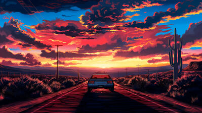دانلود والپیپر ماشین در جاده غروب منظره Car On Road Sunset Scenery Digital Art | ماشین در جاده غروب یعنی حس می‌کنی همیشه در حال فراری، اما هیچوقت نمیرسی؛ چون در واقعیت توی ترافیک جمه‌شده‌ای.