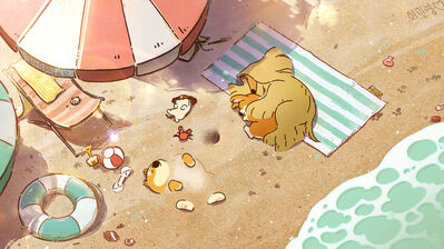دانلود والپیپر دیجیتال آرت سگ کورگی در ساحل Corgi Dogs Beach Sunbathing Digital Art