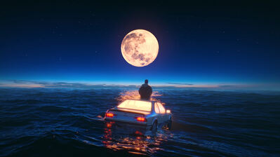 دانلود والپیپر هنر دیجیتال ماشین روی آب و ماه کامل Ocean Car Floating Full Moon Scenery Digital Art