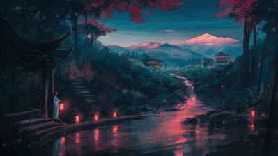 دانلود والپیپر منظره معبد رودخانه و جنگل River Forest Temple Scenery