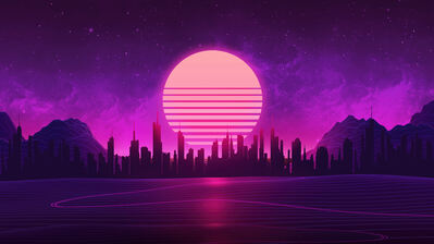 دانلود والپیپر شهر غروب سایبرپانک سینت‌ویو Sunset City Cyberpunk Synthwave