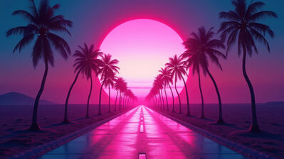 دانلود والپیپر جاده و نخل غروب Sunset Palm Trees Road