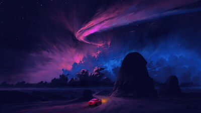 دانلود والپیپر ماشین جاده شب Car Road Night Sky Clouds Digital Art