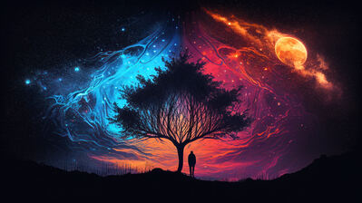 دانلود والپیپر رنگی آسمان شب و درخت سیلوئت Colorful Night Sky Tree Silhouette