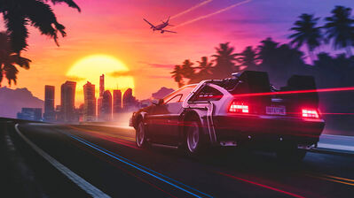 دانلود والپیپر ماشین دلاورن جاده غروب سینت‌ویو DeLorean Car Synthwave