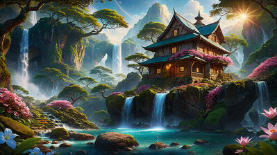 دانلود والپیپر خانه جنگلی فانتزی Fantasy Forest House Waterfall Scenery