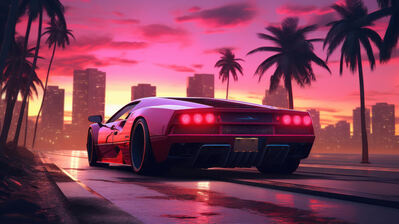 دانلود والپیپر فراری نخل رتروویو سینت‌ویو Ferrari Sports Car Palm Trees Retrowave Synthwave
