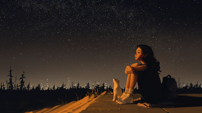 دانلود والپیپر دختر تنها با گربه در شب Girl Alone with Cat Night Sky Stars Scenery