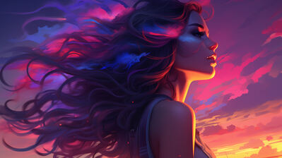 دانلود والپیپر آرت دختر و غروب آسمان Girl Sunset Sky Art
